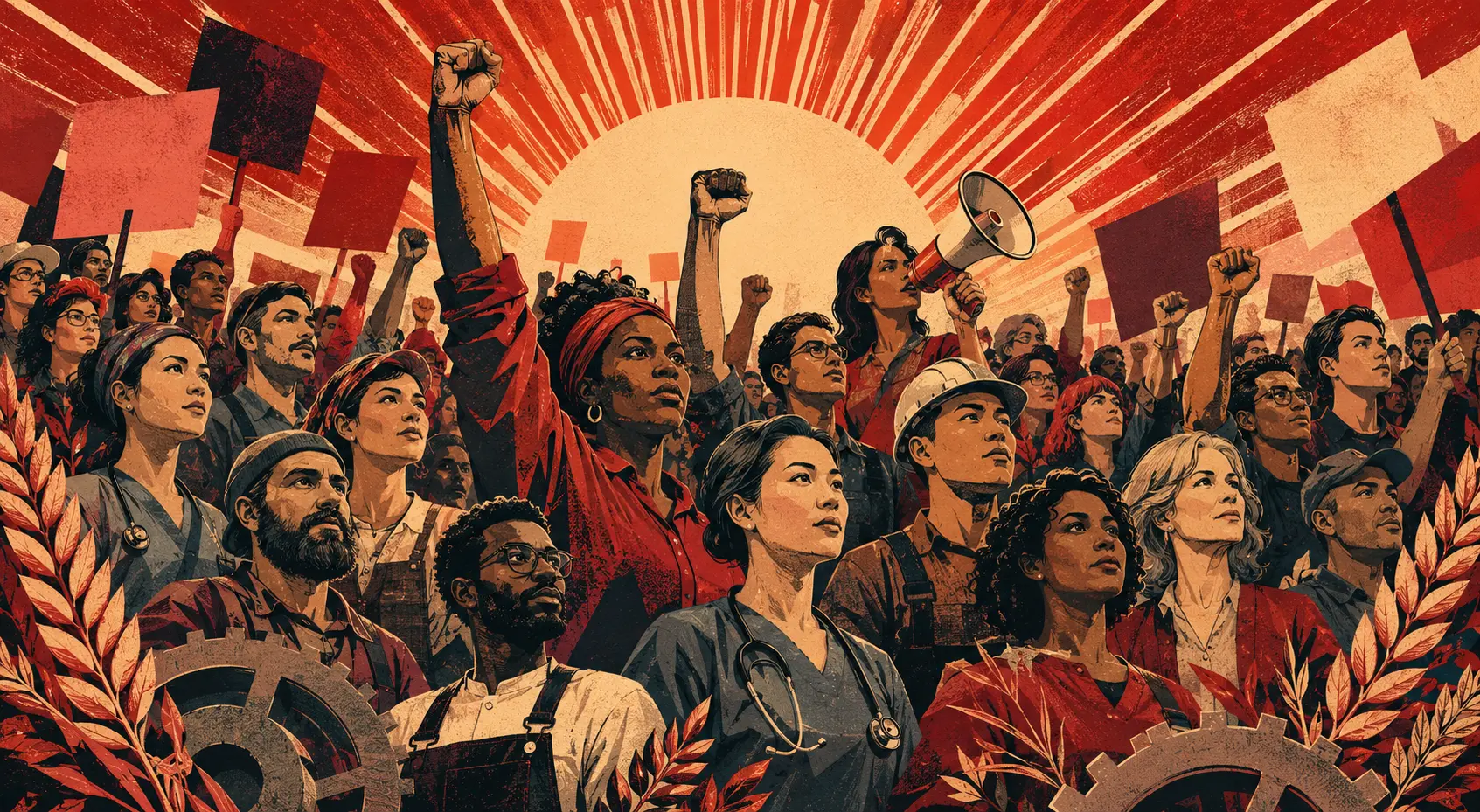 Illustrated crowd of workers and organizers raising fists and carrying placards beneath a rising sun