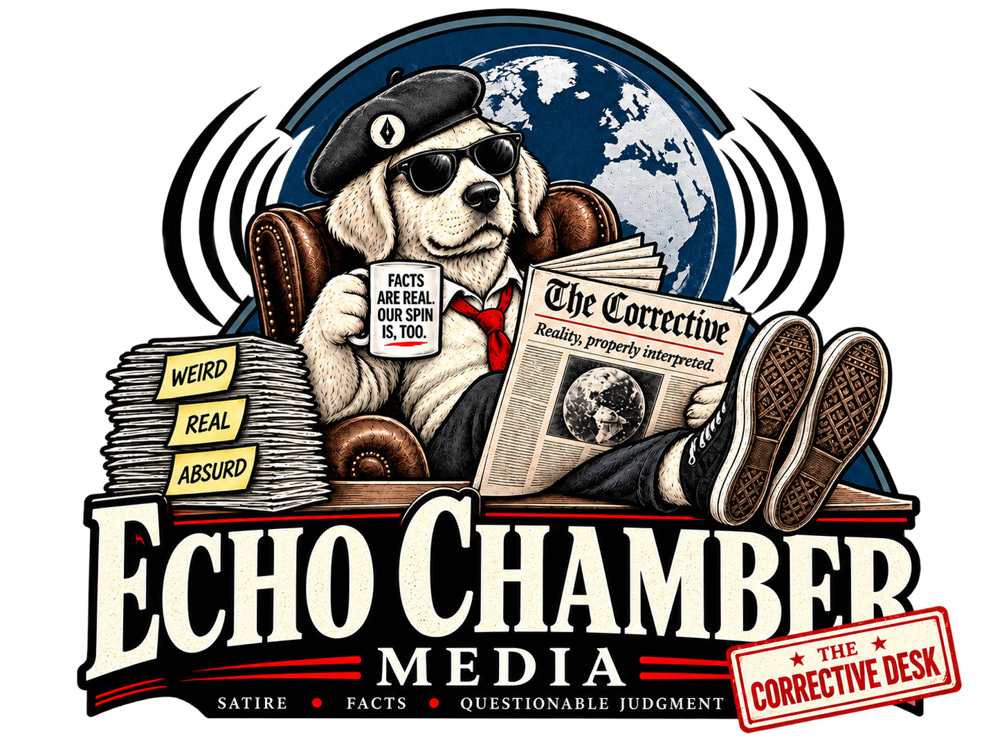 Echo Chamber Media logo with a beret-wearing dog reading The Corrective