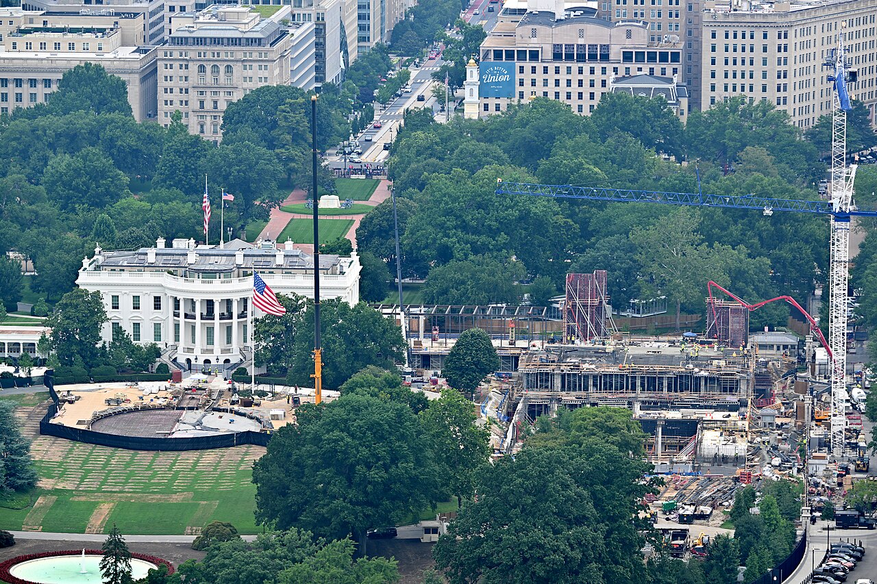 Aerial view of the White House at left and ballroom construction at right on July 10, 2026